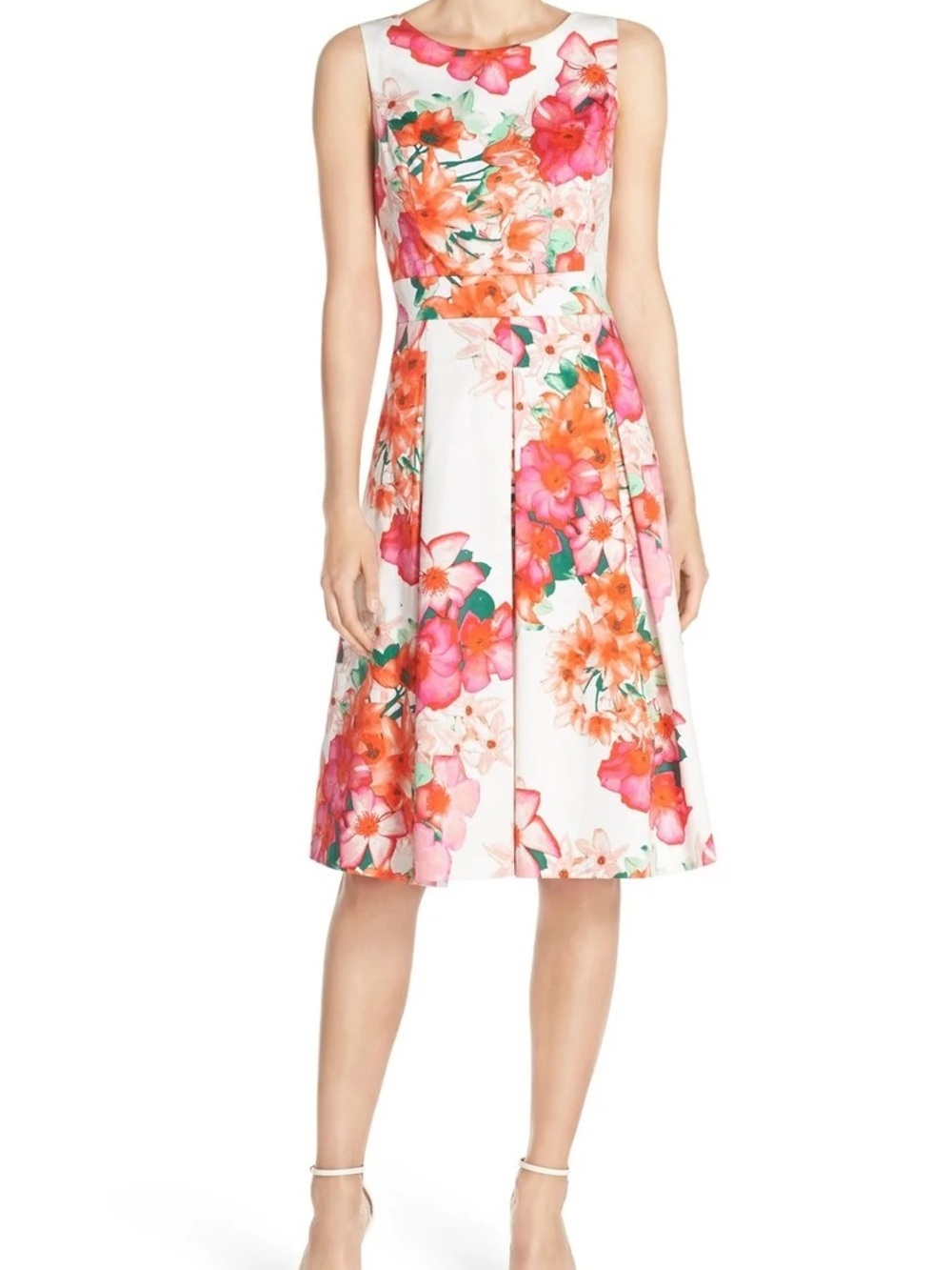 Eliza J White Midi Semi Formal dress with Pink & Orange Floral Print Pleated